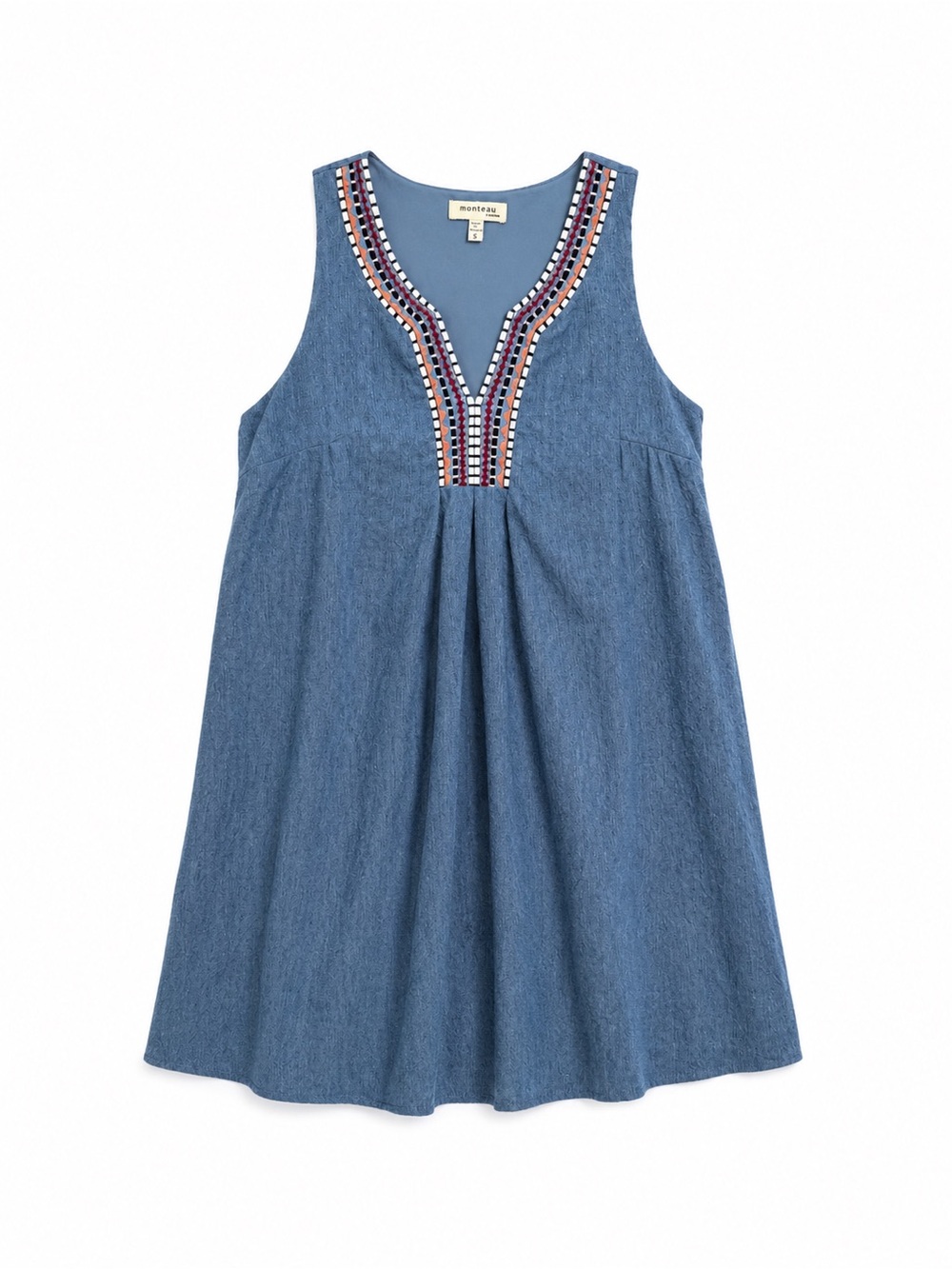 Chambray Embroidered V-Neck Denim Mini Dress Blue Women’s size Small Sleeveless - Picture 2 of 5